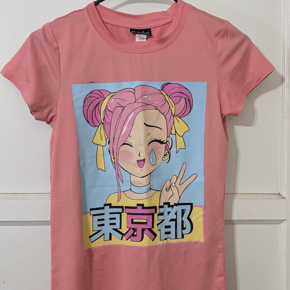 Pink and Blue Anime Graphic Short Sleeve Tee